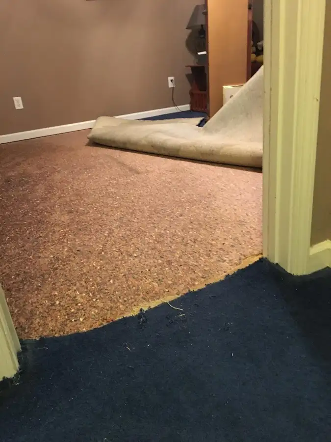 Carpet pad removal revealing water damage during Water Mitigation Services in Eaton Rapids